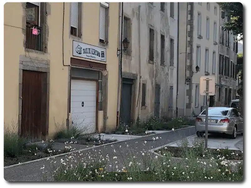 EAU DU REPERE : l'âme d'une rue ancienne végétalisée. Ancienne rue urbaine végétalisée. Un bâtiment jaune affiche l'enseigne "EAU DU REPERE" au-dessus d'une porte de garage blanche.