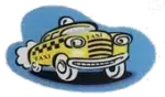 Taxi jaune de dessin animé souriant, style vintage, avec des motifs à damier noirs et le mot TAXI. Il roule vite, laissant un nuage de fumée.